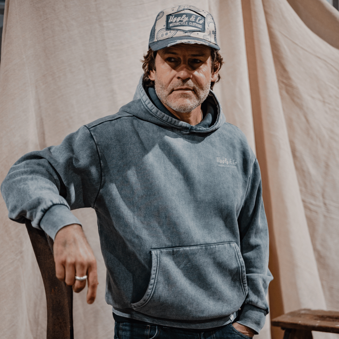Uggly and Co Blue Diamond Acid Wash Heavyweight 380gsm Retro Hoodie