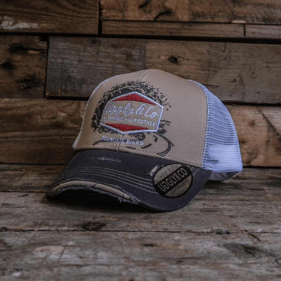 Uggly & Co Surf Diamond Trucker Hat – Distressed Beige & Mesh Cap