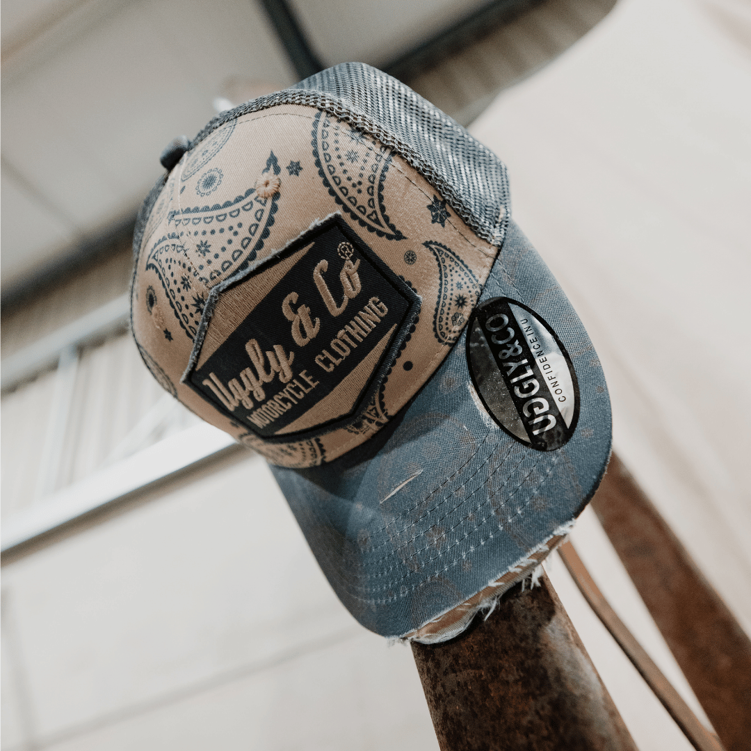 Uggly & Co Bandana Diamond Trucker Hat – Distressed Vintage Blue Cap