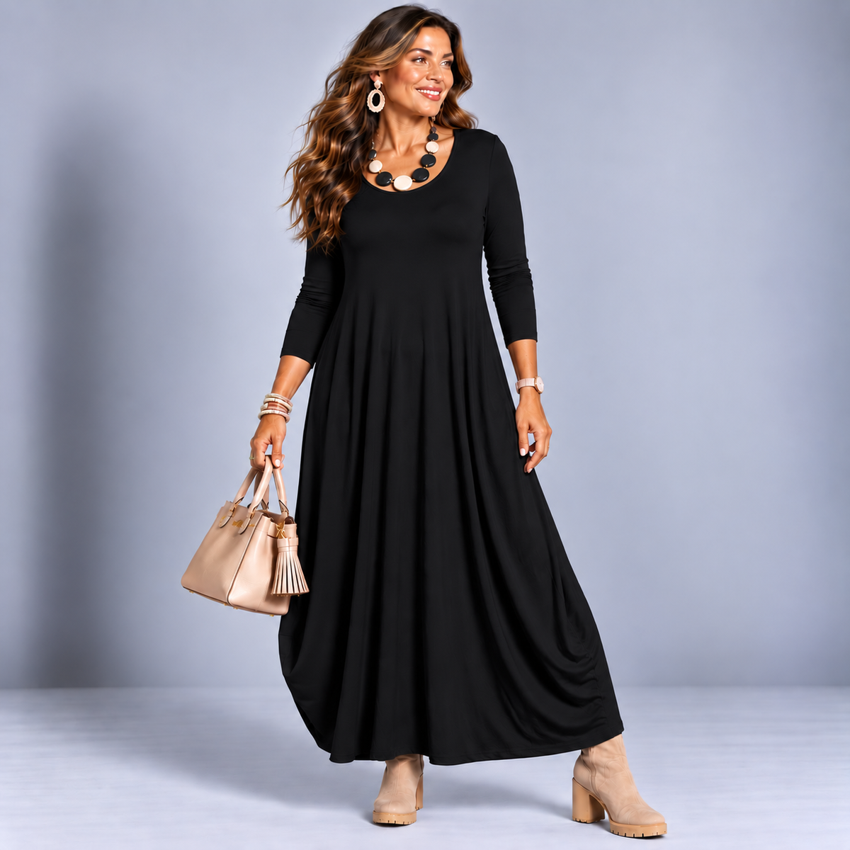 Long Sleeve Calf Length Dress