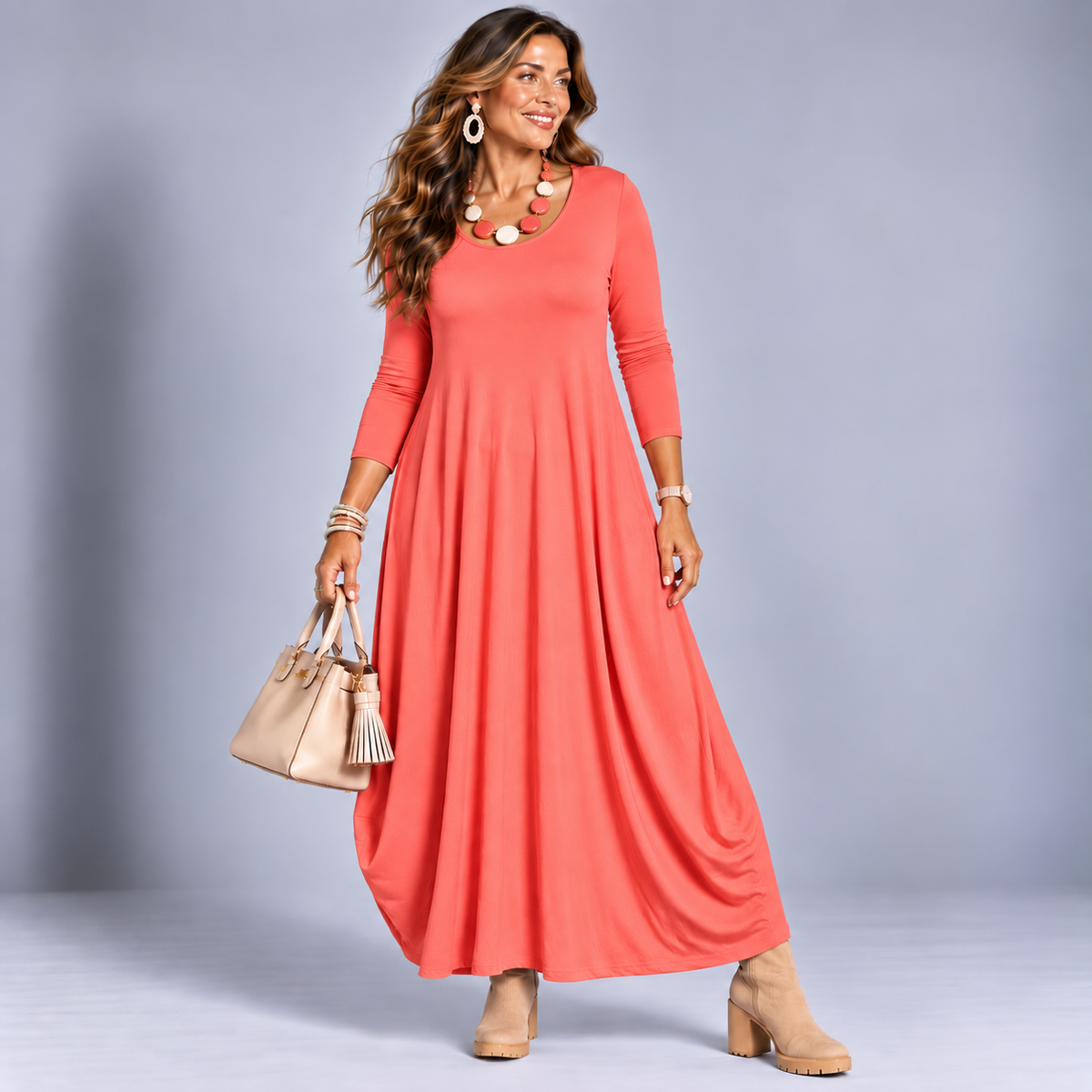 Long Sleeve Calf Length Dress