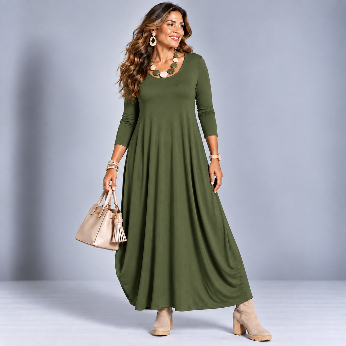 Long Sleeve Calf Length Dress