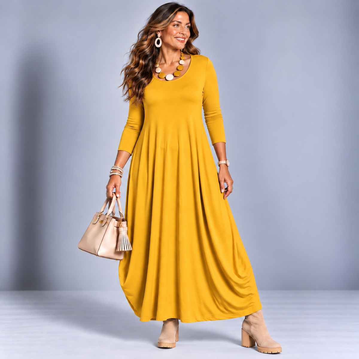 Long Sleeve Calf Length Dress