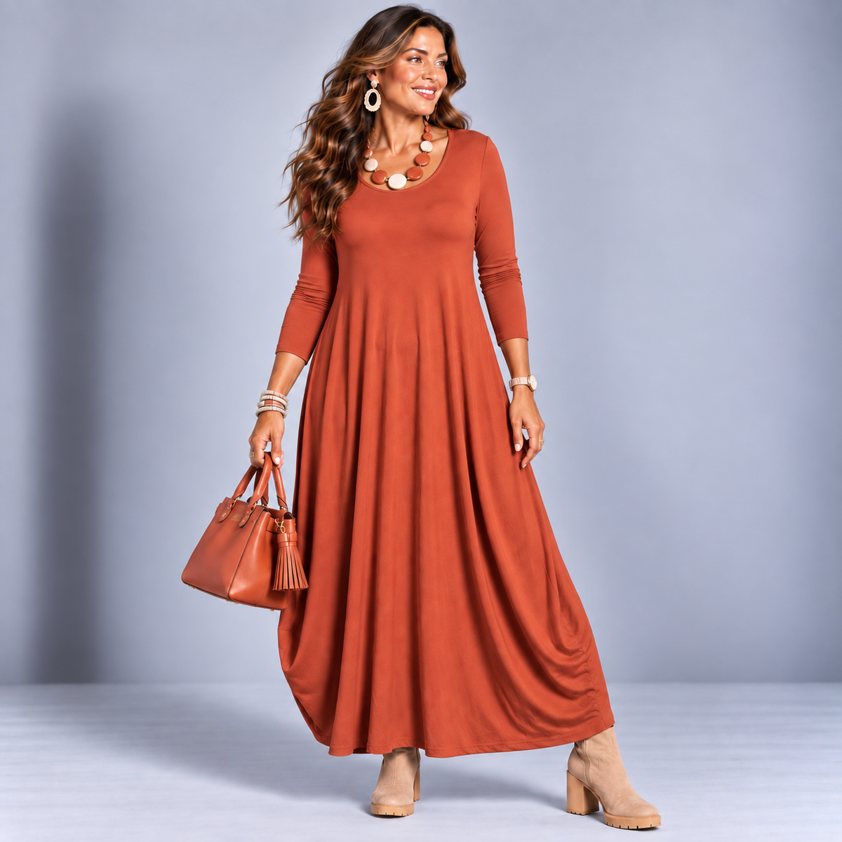 Long Sleeve Calf Length Dress