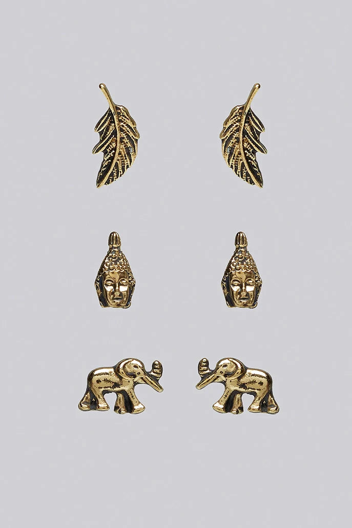 Wilder 3 Pack Elephant Tribal Gold Earrings