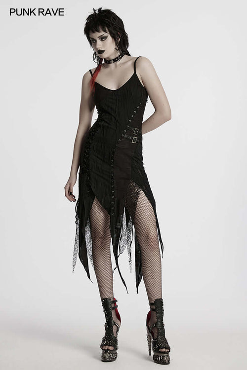 Punk Rave Honey Irregular Split Dress – Gothic Lace and Mesh Knit
