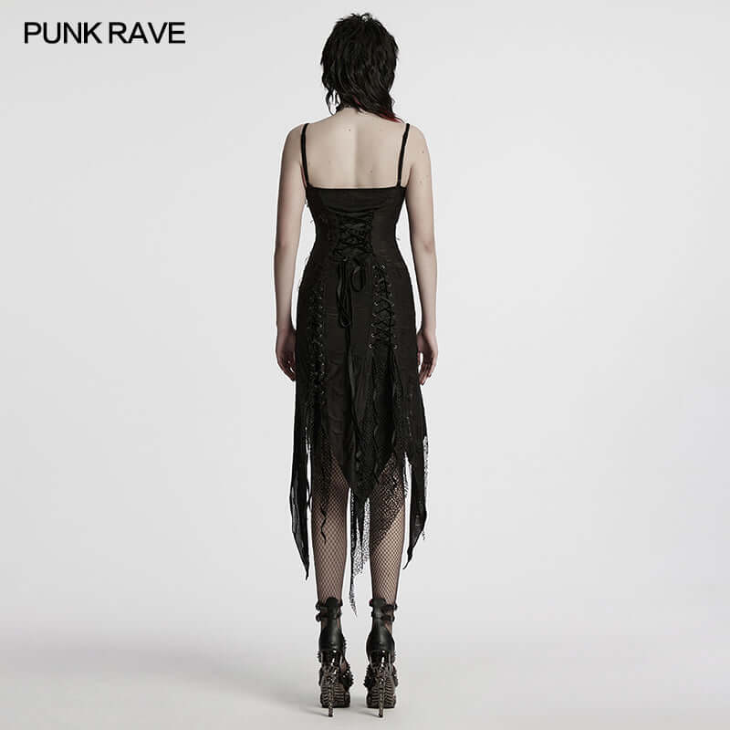 Punk Rave Honey Irregular Split Dress – Gothic Lace and Mesh Knit