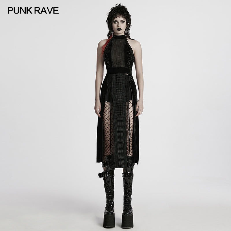 Punk Rave Selene Goth Dress – Black Velvet Mesh High Slit Gown