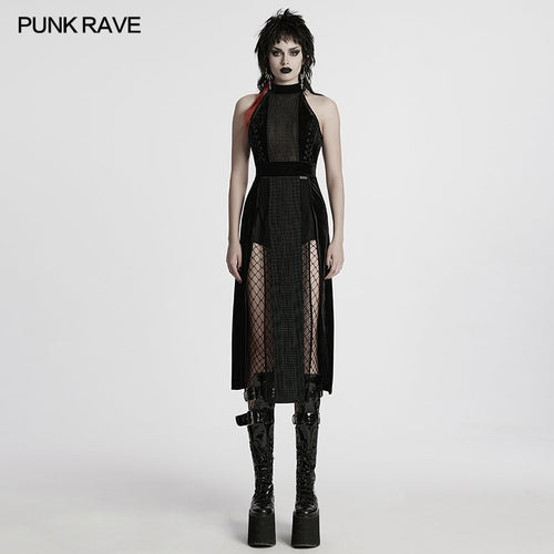 Punk Rave Selene Goth Dress – Black Velvet Mesh High Slit Gown