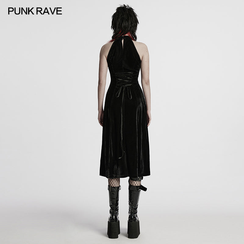 Punk Rave Selene Goth Dress – Black Velvet Mesh High Slit Gown
