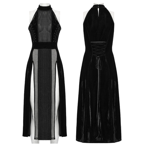 Punk Rave Selene Goth Dress – Black Velvet Mesh High Slit Gown