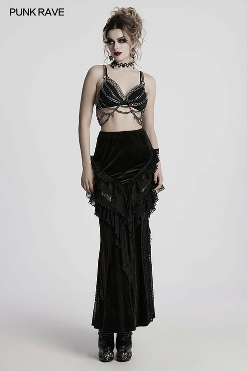 Punk Rave Nera Goth Dynamic Skirt – Velvet and Lace Mesh Mini Skirt