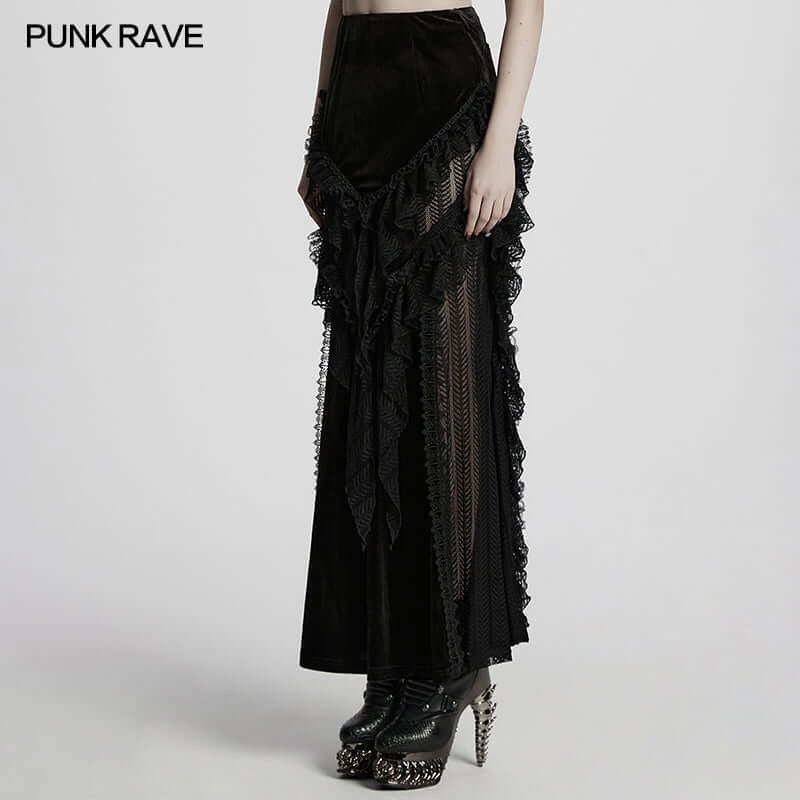 Punk Rave Nera Goth Dynamic Skirt – Velvet and Lace Mesh Mini Skirt