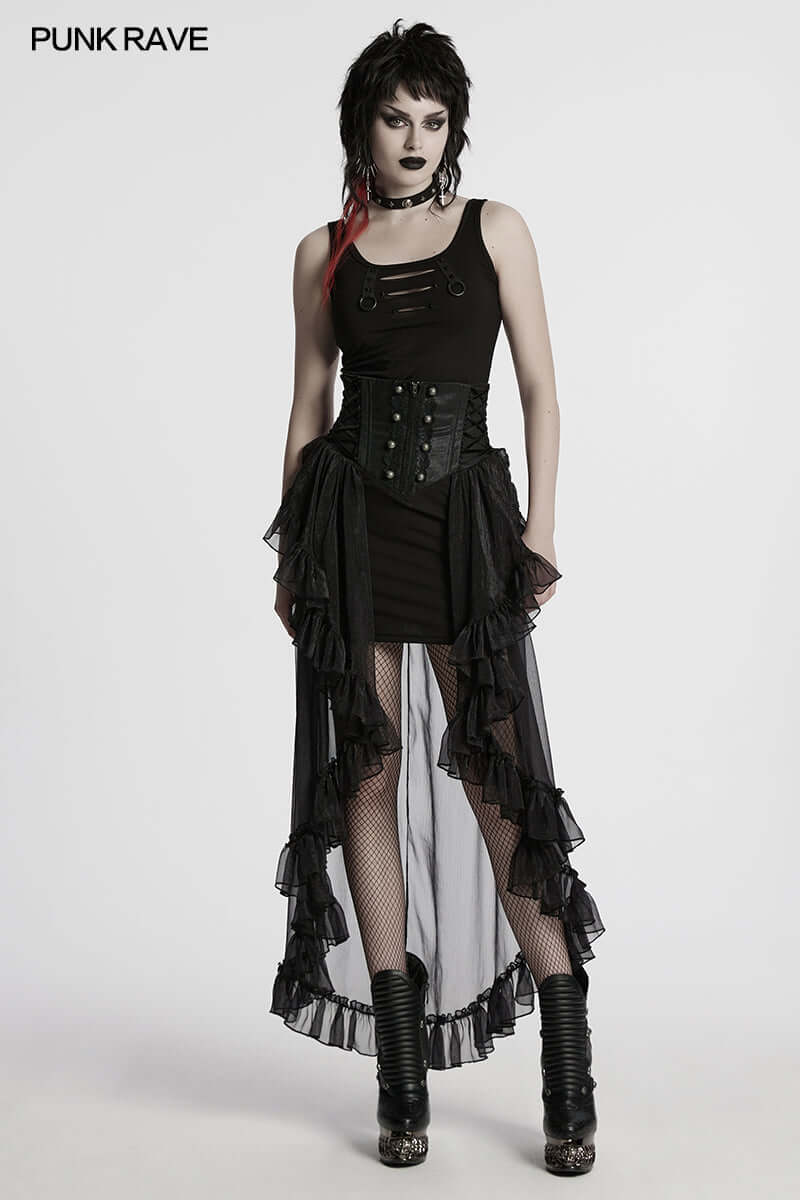 Punk Rave Dila Romantic Chiffon Skirt – Gothic Black Twill & Lace