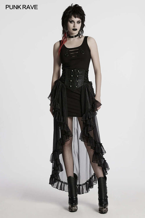 Punk Rave Dila Romantic Chiffon Skirt – Gothic Black Twill & Lace
