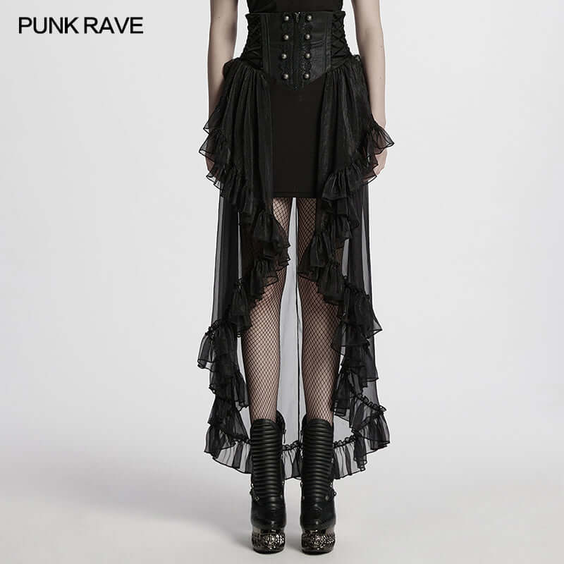 Punk Rave Dila Romantic Chiffon Skirt – Gothic Black Twill & Lace