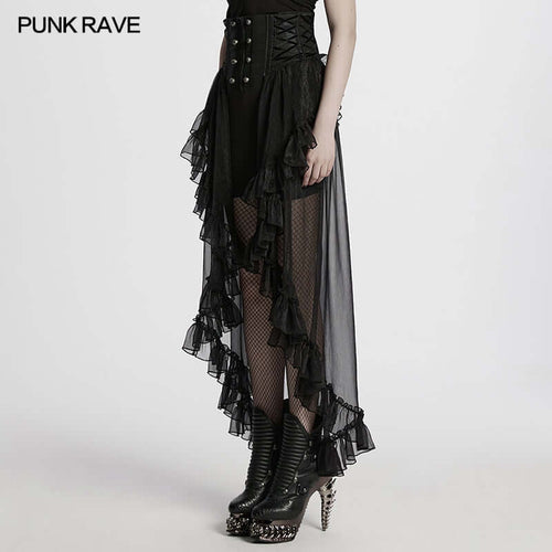 Punk Rave Dila Romantic Chiffon Skirt – Gothic Black Twill & Lace