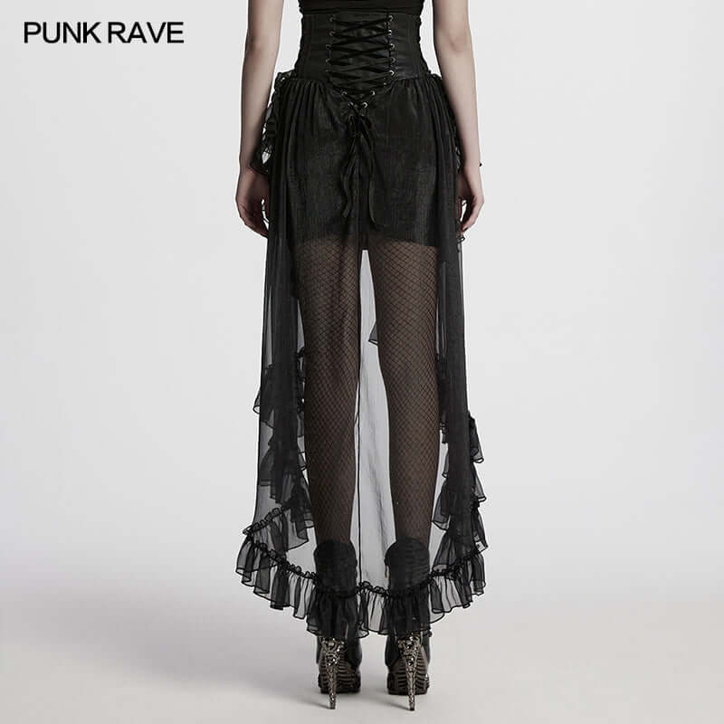 Punk Rave Dila Romantic Chiffon Skirt – Gothic Black Twill & Lace
