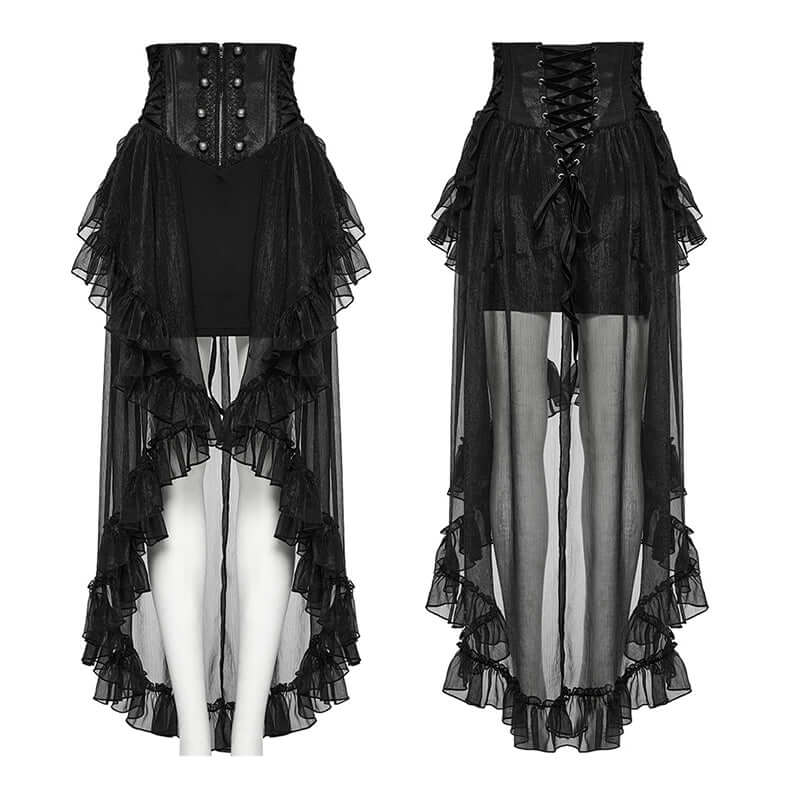 Punk Rave Dila Romantic Chiffon Skirt – Gothic Black Twill & Lace