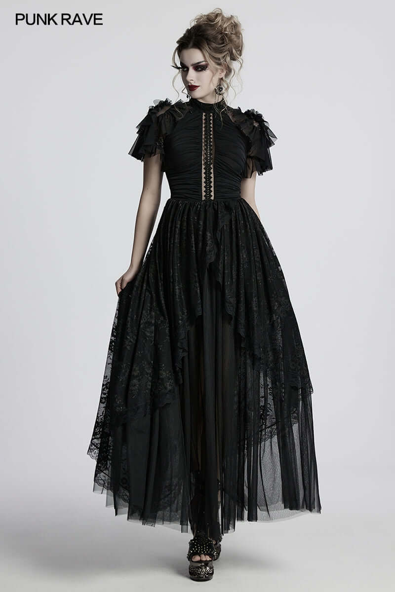Punk Rave Nova Gothic Elegant Dress – Lace and Mesh Bead Embroidery