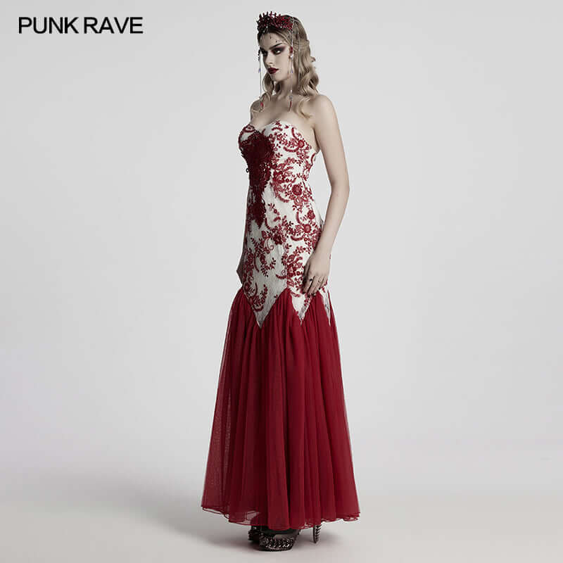 Punk Rave Eladia Sequin Floral Lace Gothic Dress with Gauze Skirt