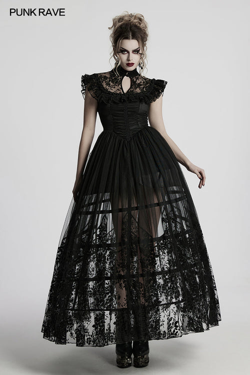 Punk Rave Seraphina Goth Dress – Velvet Floral Mesh Flying Sleeve