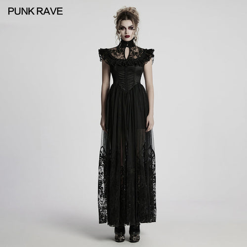 Punk Rave Seraphina Goth Dress – Velvet Floral Mesh Flying Sleeve