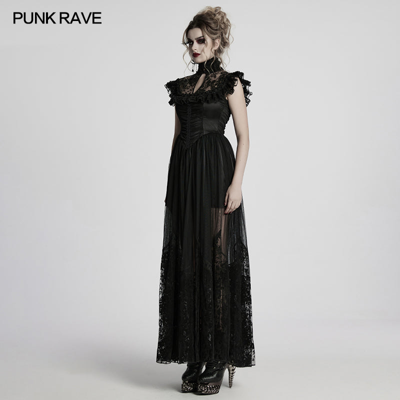 Punk Rave Seraphina Goth Dress – Velvet Floral Mesh Flying Sleeve