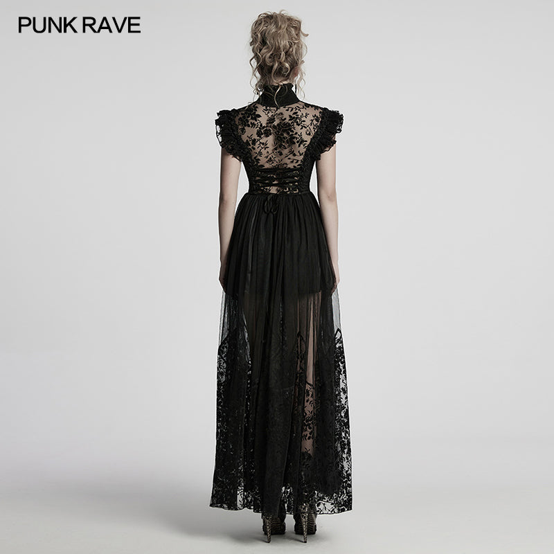 Punk Rave Seraphina Goth Dress – Velvet Floral Mesh Flying Sleeve