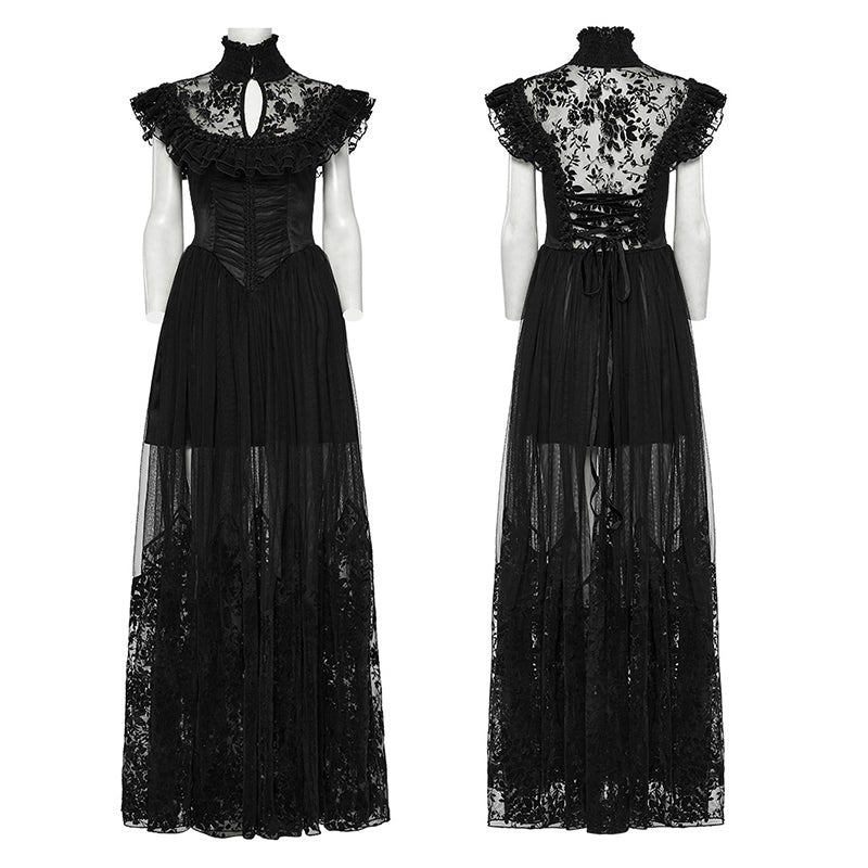 Punk Rave Seraphina Goth Dress – Velvet Floral Mesh Flying Sleeve