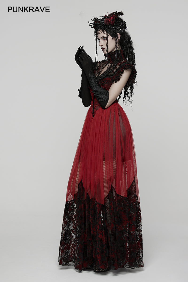 Punk Rave Gothic Flying Sleeve Dress | Red & Black Floral Mesh Gown