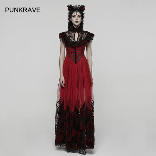 Punk Rave Gothic Flying Sleeve Dress | Red & Black Floral Mesh Gown