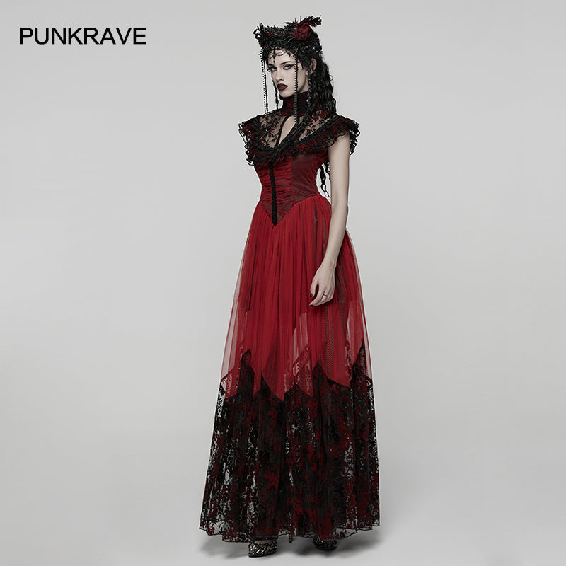Punk Rave Gothic Flying Sleeve Dress | Red & Black Floral Mesh Gown
