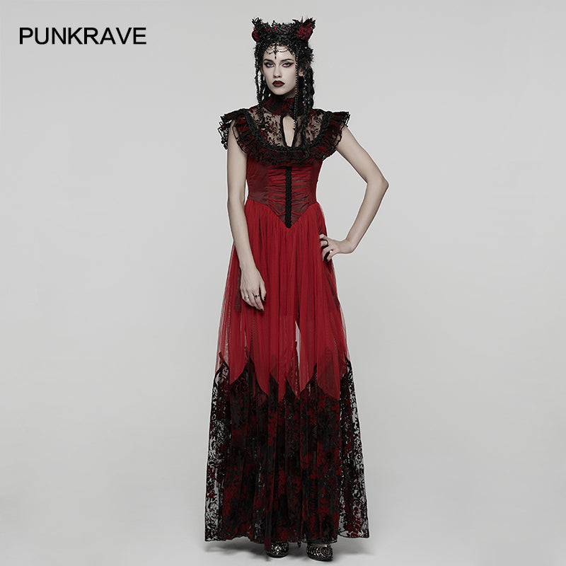 Punk Rave Gothic Flying Sleeve Dress | Red & Black Floral Mesh Gown