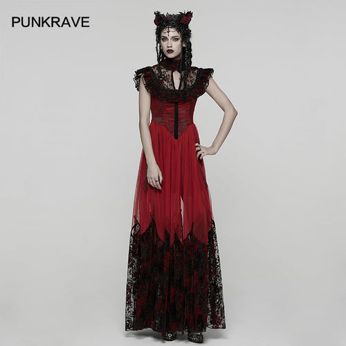 Punk Rave Gothic Flying Sleeve Dress | Red & Black Floral Mesh Gown