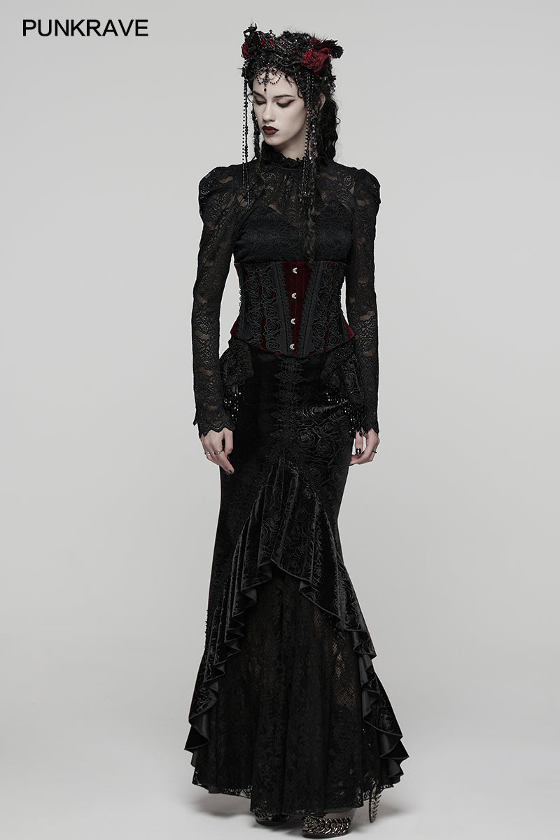 Punk Rave Rose Embossed Velvet Fishtail Skirt – Gothic Ruffle Hem