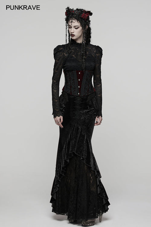 Punk Rave Rose Embossed Velvet Fishtail Skirt – Gothic Ruffle Hem