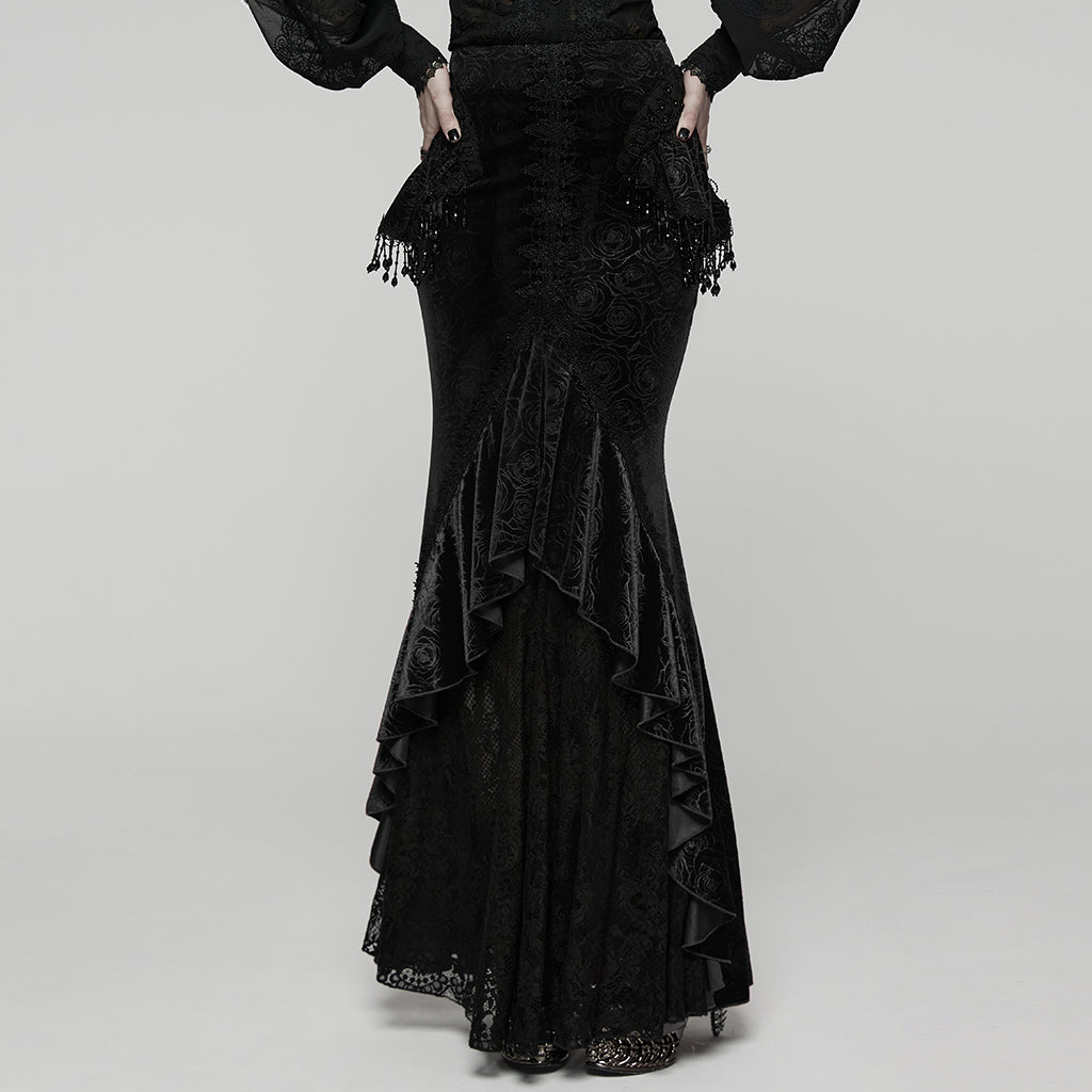 Punk Rave Rose Embossed Velvet Fishtail Skirt – Gothic Ruffle Hem