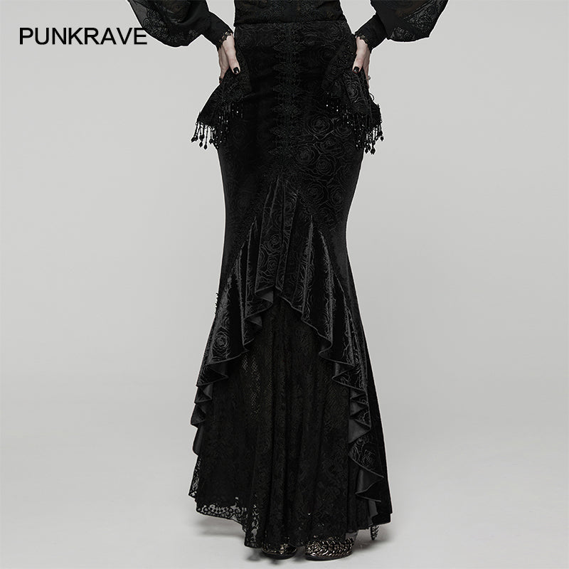Punk Rave Rose Embossed Velvet Fishtail Skirt – Gothic Ruffle Hem