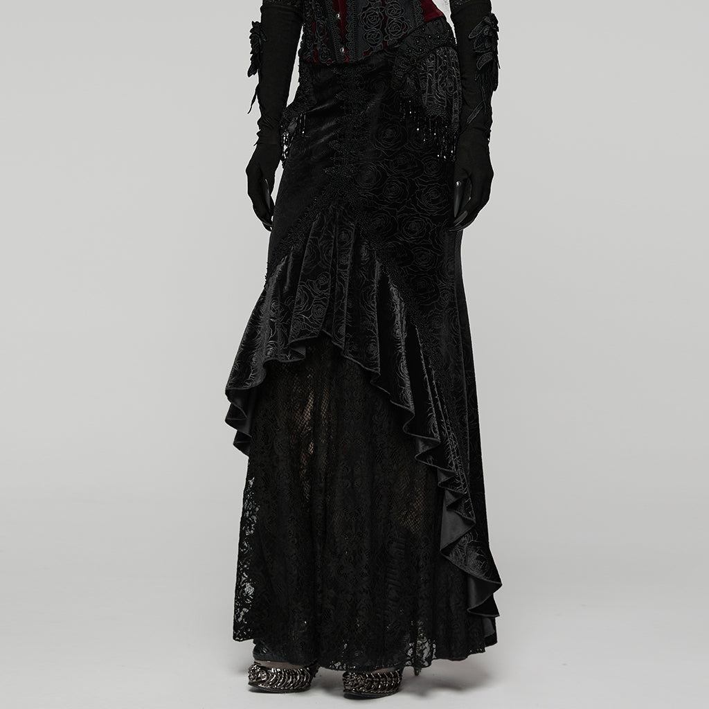 Punk Rave Rose Embossed Velvet Fishtail Skirt – Gothic Ruffle Hem