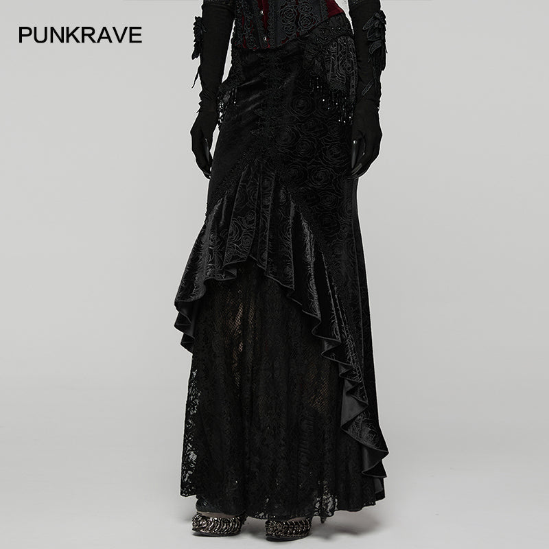 Punk Rave Rose Embossed Velvet Fishtail Skirt – Gothic Ruffle Hem