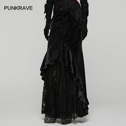 Punk Rave Rose Embossed Velvet Fishtail Skirt – Gothic Ruffle Hem