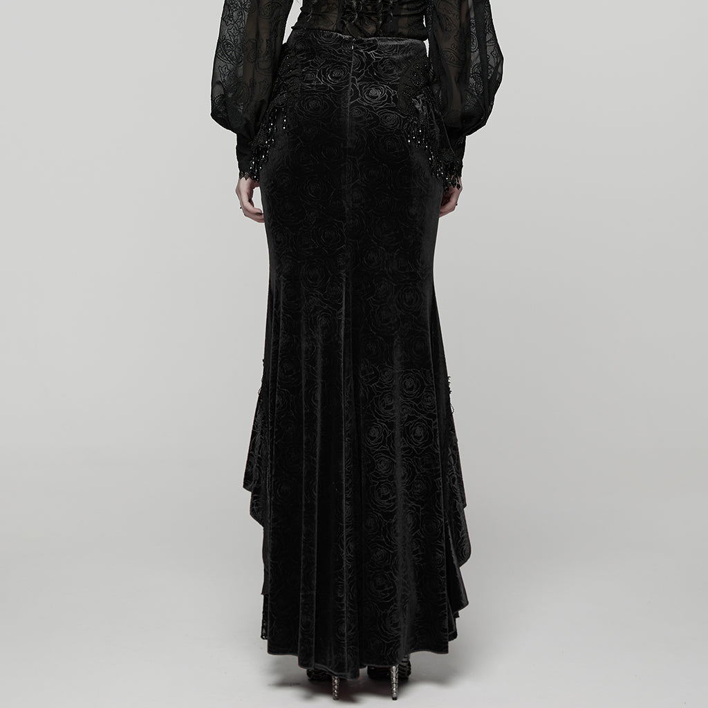 Punk Rave Rose Embossed Velvet Fishtail Skirt – Gothic Ruffle Hem