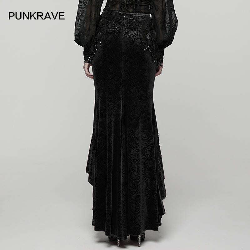 Punk Rave Rose Embossed Velvet Fishtail Skirt – Gothic Ruffle Hem