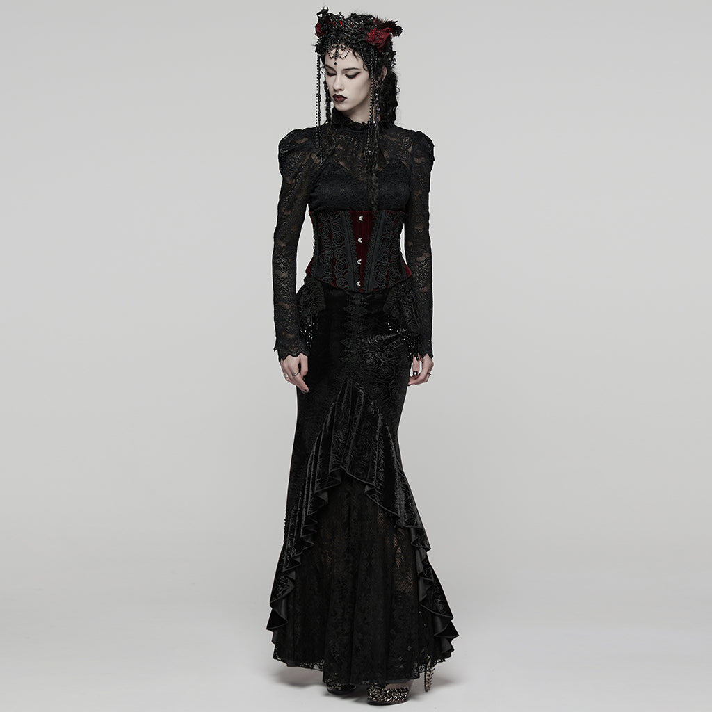 Punk Rave Rose Embossed Velvet Fishtail Skirt – Gothic Ruffle Hem