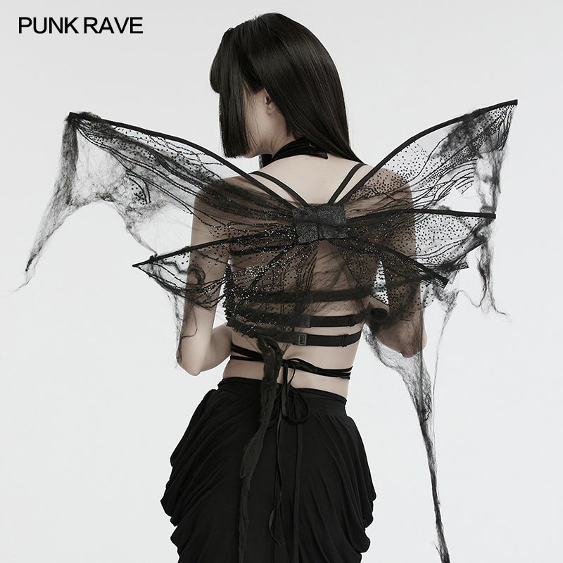 Punk Rave Morrigan Gothic Butterfly Wings – Black Mesh & Distressed Net