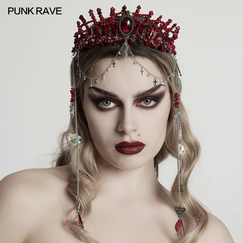 Punk Rave Effie Red Crystal Gothic Headband with Chain Tassels