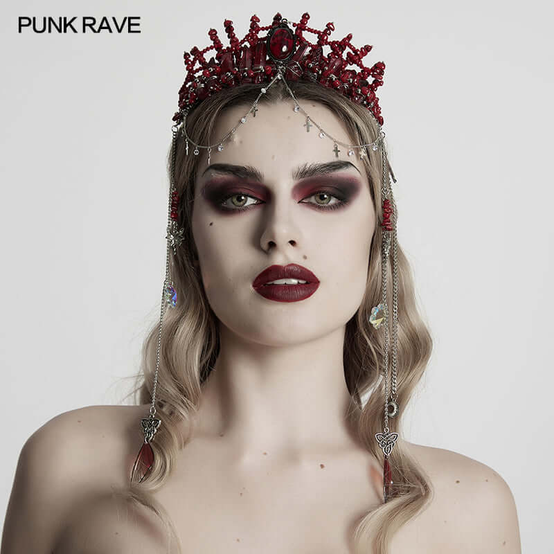 Punk Rave Effie Red Crystal Gothic Headband with Chain Tassels