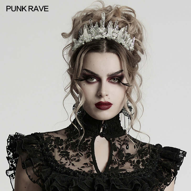 Punk Rave White Crystal Headband – Handcrafted Pointed Crown Tiara