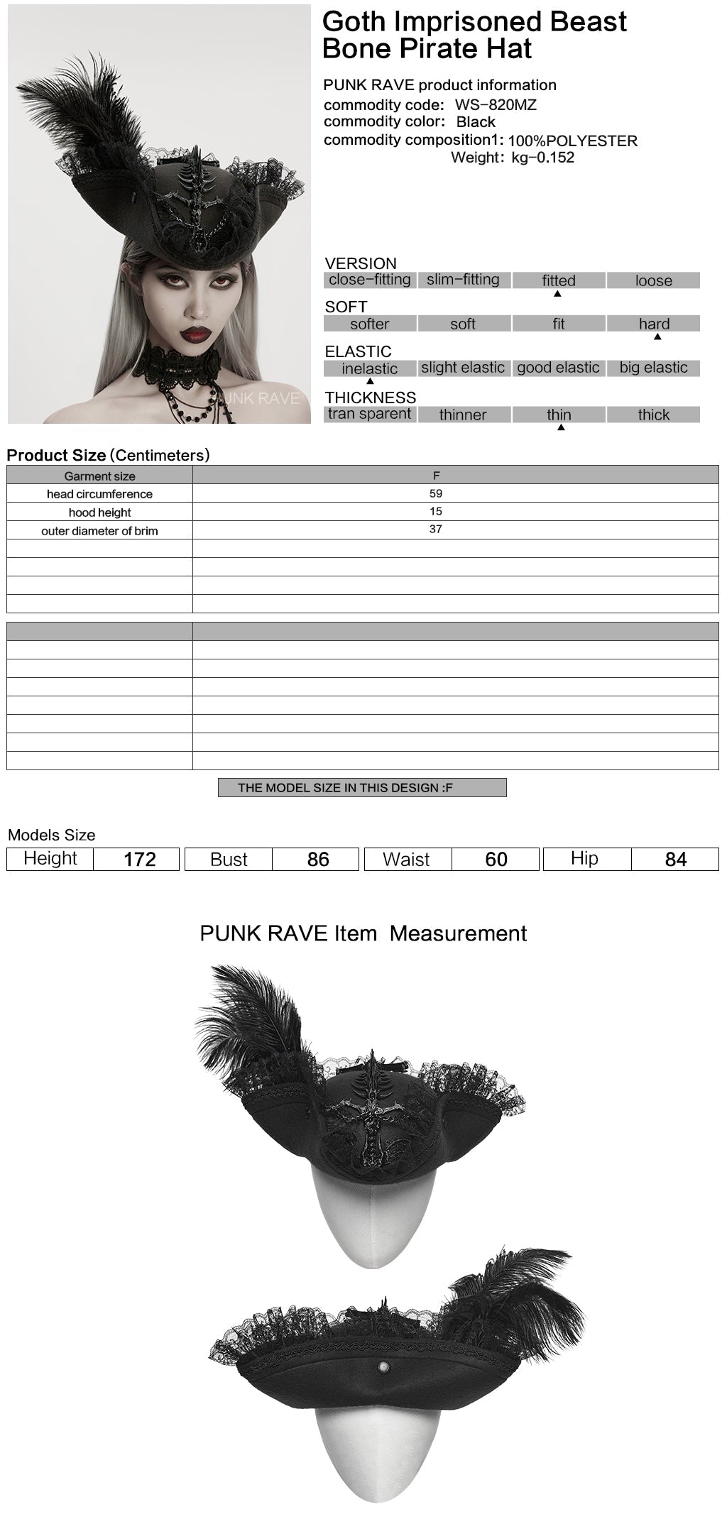 Punk Rave Goth Imprisoned Beast Bone Pirate Hat – Black Lace & Feather